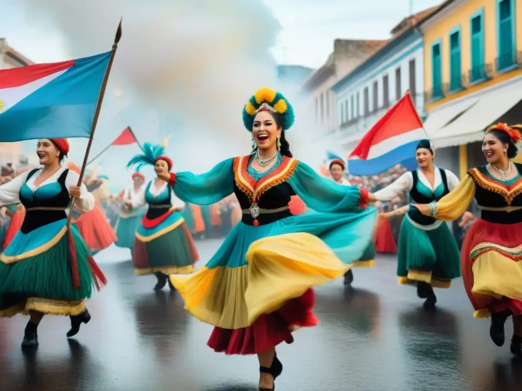Vibrante Carnaval en Uruguay: Baile y Colorido Una colorida pintura acuarela del Carnaval en Uruguay con bailarines tradicionales moviéndose al ritmo de la música uruguaya