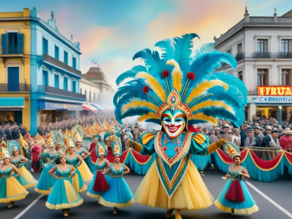 Evolución del Carnaval Uruguayo: Detalles en Acuarela Una colorida pintura acuarela detalla la evolución del Carnaval Uruguayo en imágenes, con desfiles animados y trajes vibrantes