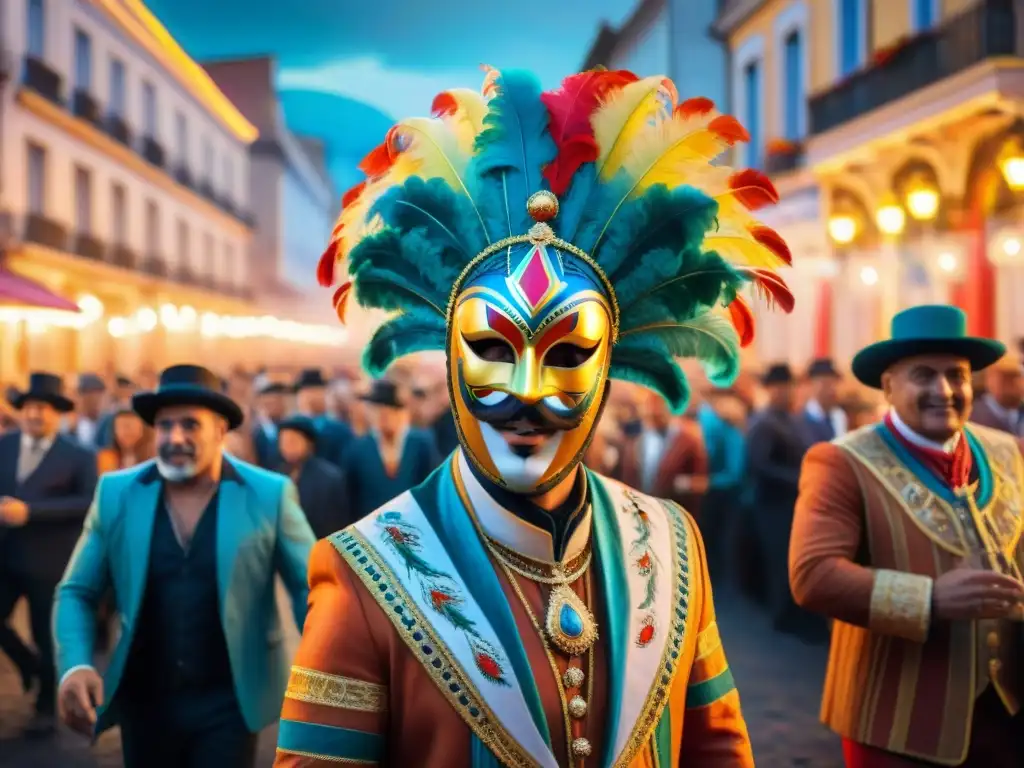 Vibrante Carnaval Uruguayo: Detalles y alegría en acuarela Una colorida pintura acuarela del Carnaval Uruguayo, resaltando la energía y alegría de la festividad