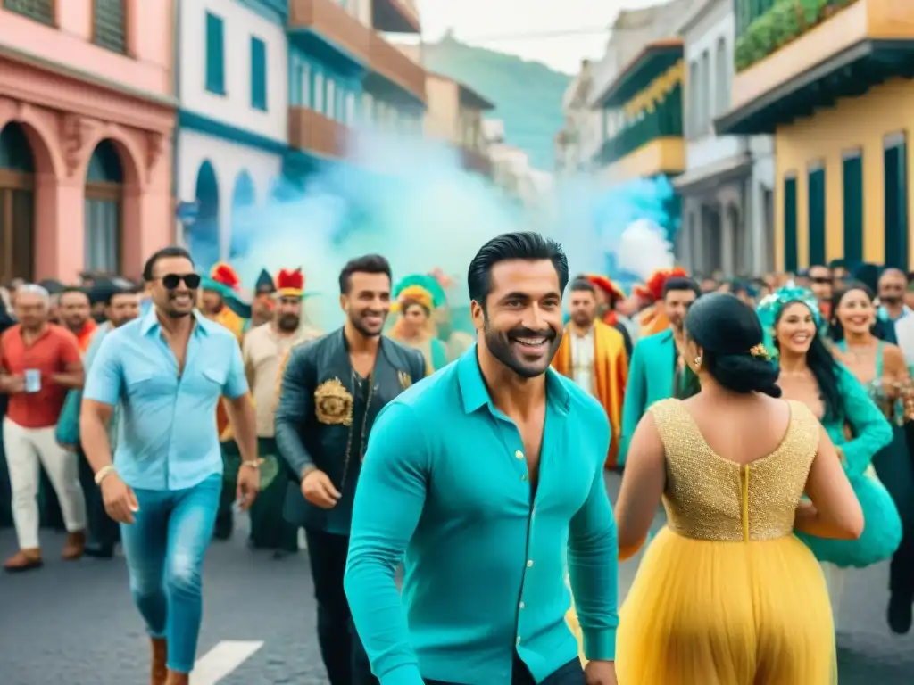 Carnaval Uruguayo: fiesta de colores y alegría Una colorida pintura acuarela del Carnaval Uruguayo, muestra la celebración comunitaria y el impacto económico