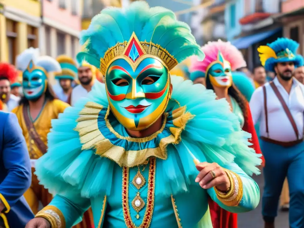 Carnaval en Uruguay: Colorida celebración en las calles Colorida pintura acuarela del Carnaval en Uruguay con máscaras, trajes y bailes