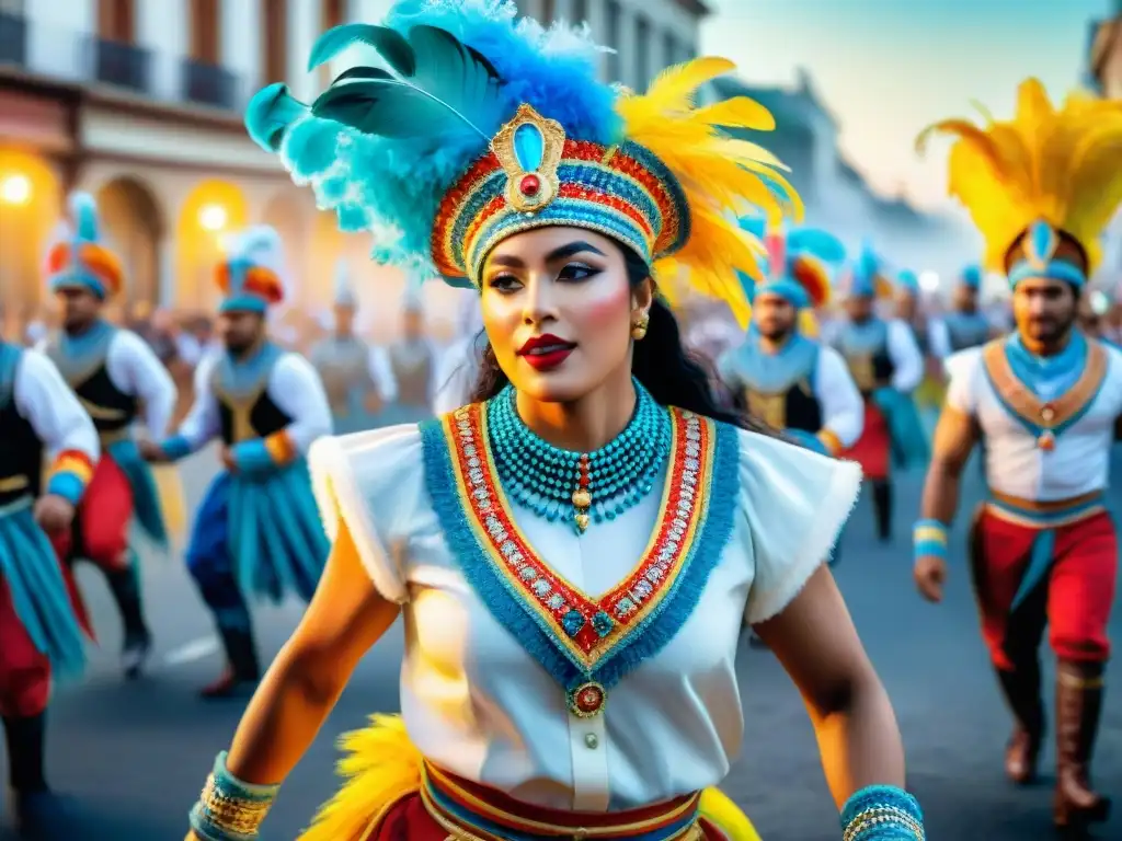 Desfile de comparsa uruguaya: energía y colorido Una colorida pintura acuarela de una comparsa tradicional uruguaya, con trajes detallados y tambores