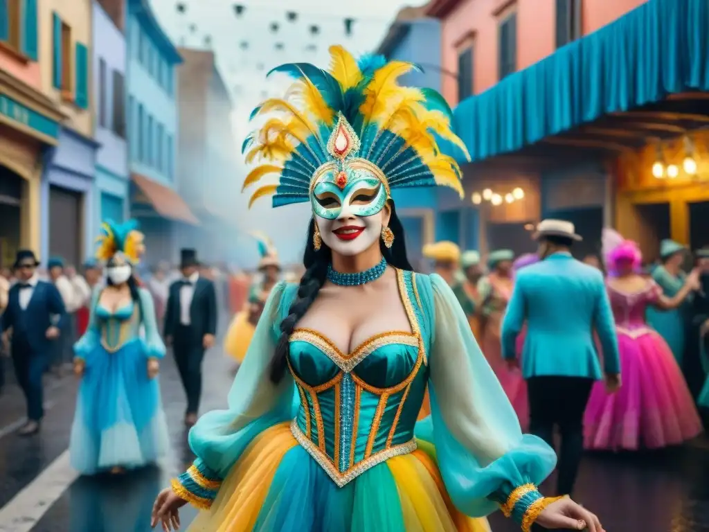 Colorida celebración del Carnaval en Uruguay Una colorida pintura acuarela que muestra la creatividad del Carnaval Uruguayo con bailarines y confeti