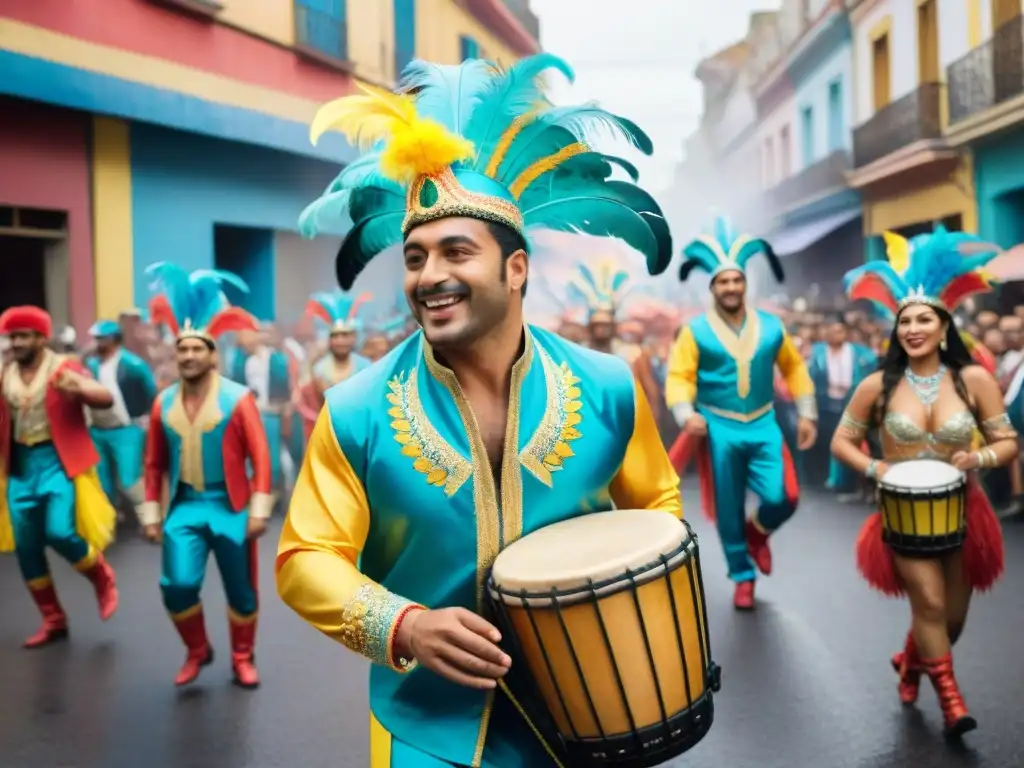 Carnaval uruguayo: pintura acuarela vibrante Una colorida pintura acuarela de un desfile de carnaval en Uruguay con instrumentos típicos Carnaval Uruguayo