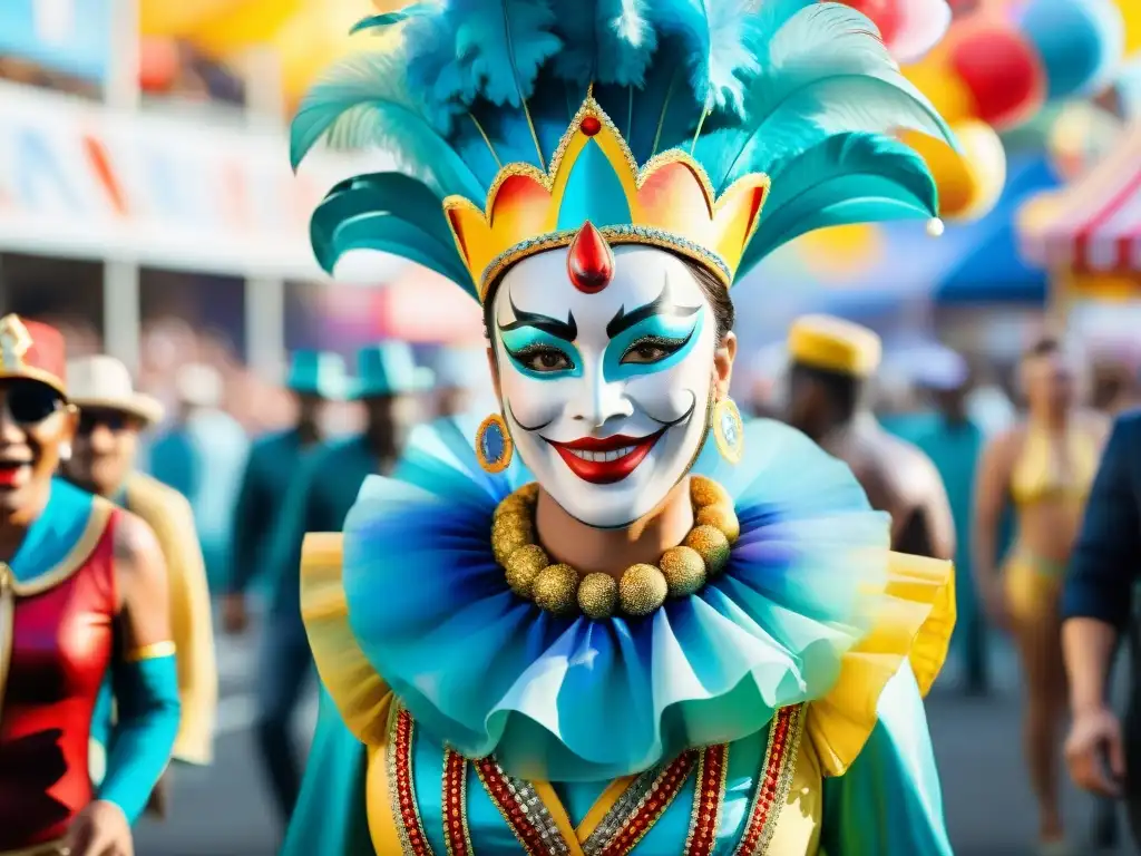 Desfile de Carnaval: Celebración en Acuarela Una colorida pintura acuarela que retrata un desfile de carnaval con carrozas, artistas y una multitud alegre