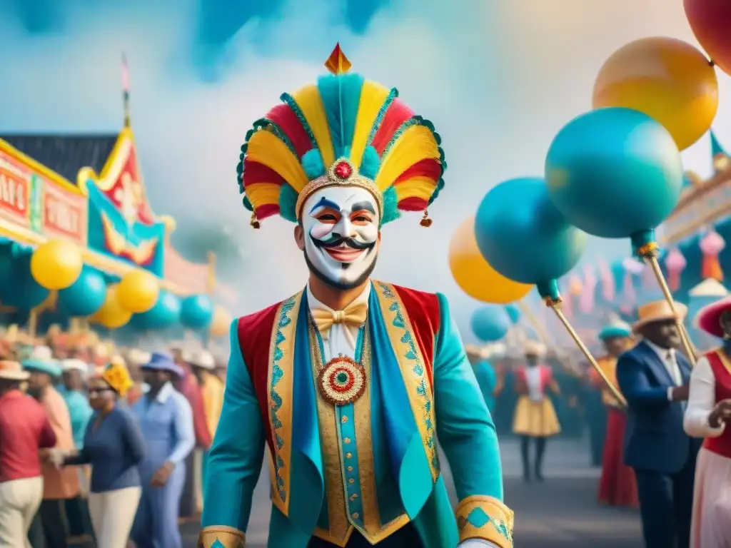 Pintura acuarela: Desfile de Carnaval vibrante y colorido Una colorida pintura acuarela de un desfile de carnaval con carros alegóricos, artistas en trajes elaborados y una multitud bailando y animando