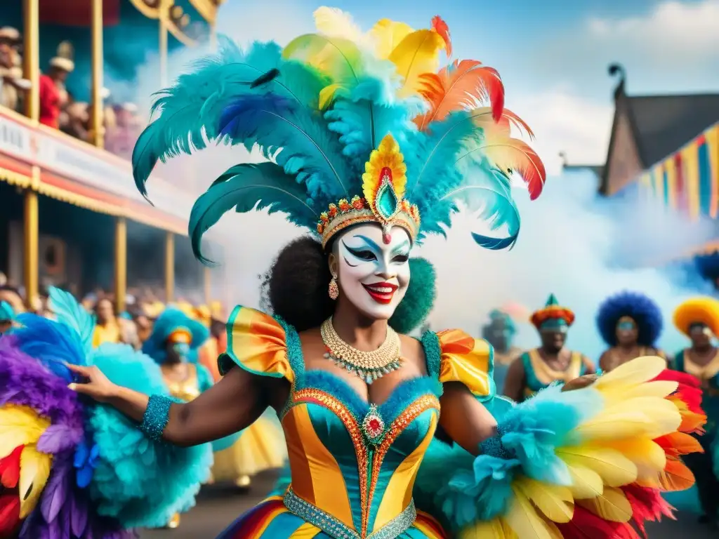 Deslumbrante desfile de carnaval: energía y alegría en acuarela Una colorida pintura acuarela de un desfile de Carnaval con trajes elaborados y vibrantes