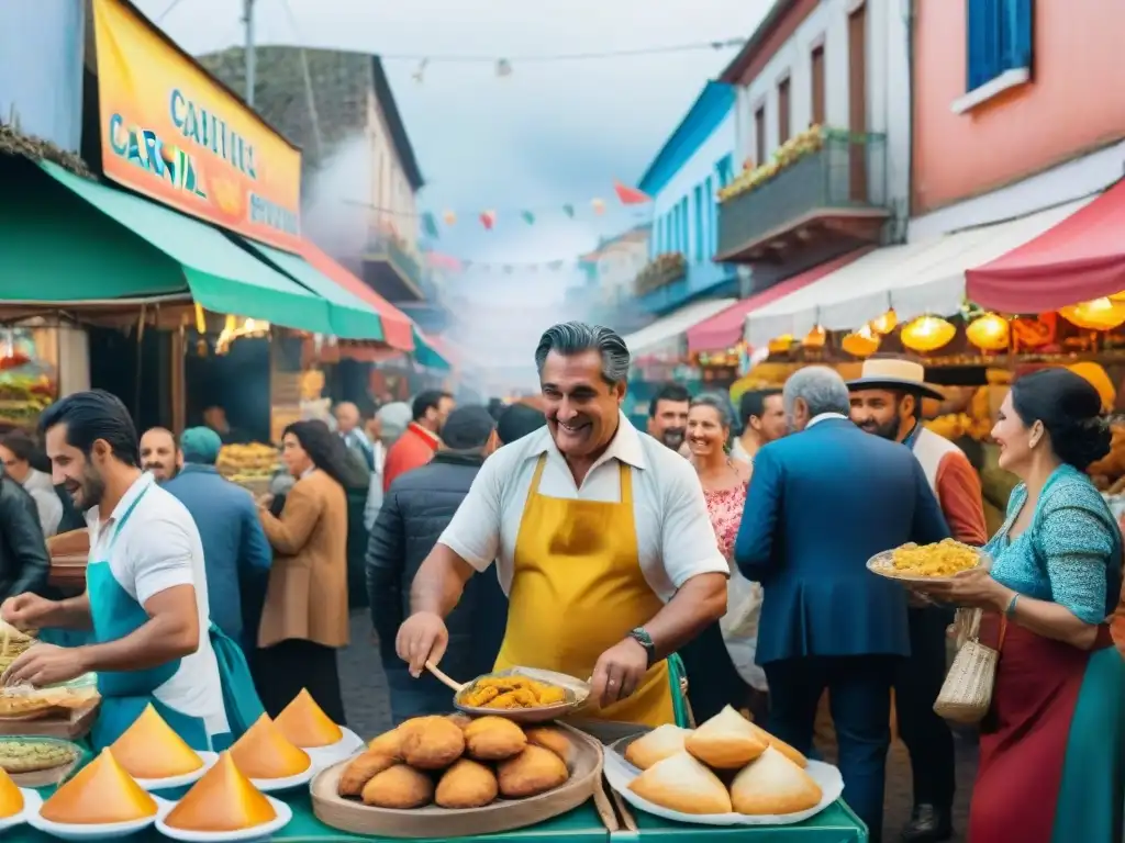 Mercado callejero uruguayo en Carnaval: colores, sabores y alegría Una colorida pintura acuarela detallada de un bullicioso mercado callejero uruguayo durante el Carnaval