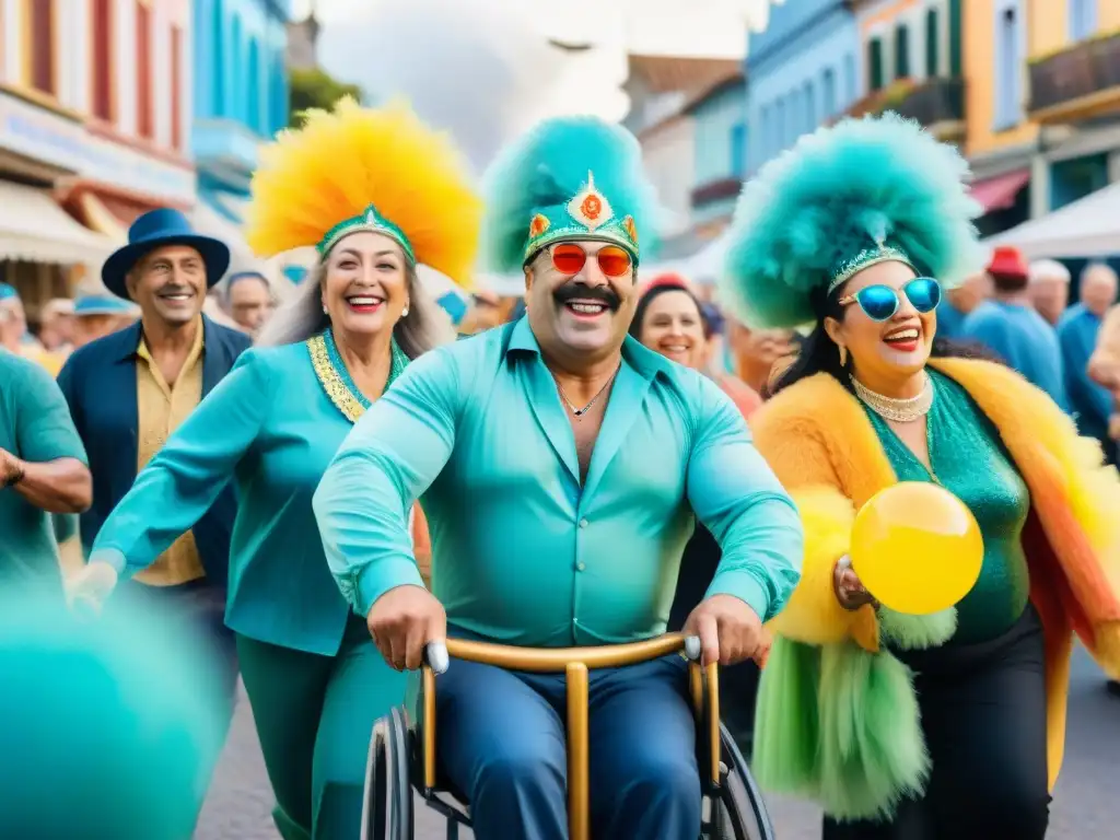 Desfile inclusivo y colorido en el carnaval de Uruguay Una colorida pintura acuarela muestra la diversidad y la inclusión en el Carnaval Uruguayo