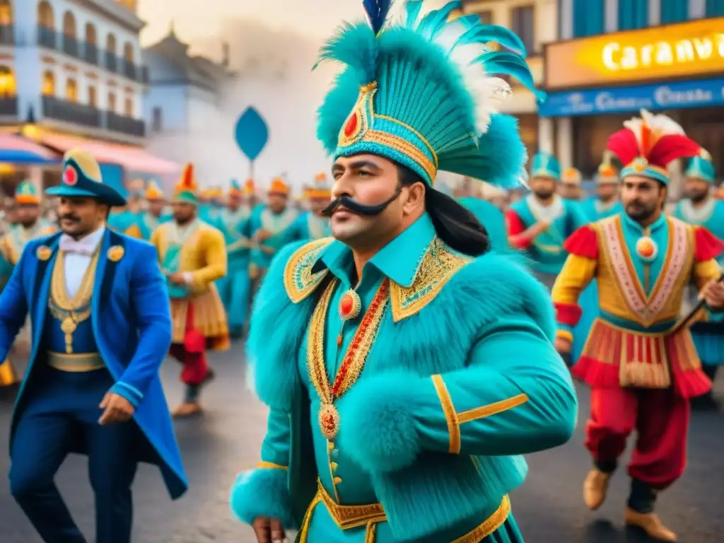 Cuadro acuarela del Carnaval Uruguayo: danzas, música y color Una colorida pintura acuarela que muestra la historia del Carnaval Uruguayo con danzarines, músicos y espectadores, capturando miradas y emoción