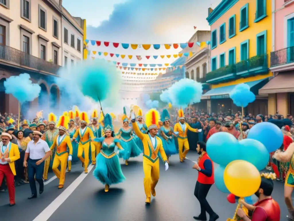 Carnaval Uruguayo: pintura acuarela vibrante y festiva Una colorida pintura acuarela del impacto social del Carnaval Uruguayo, con desfiles, música y alegría en Montevideo