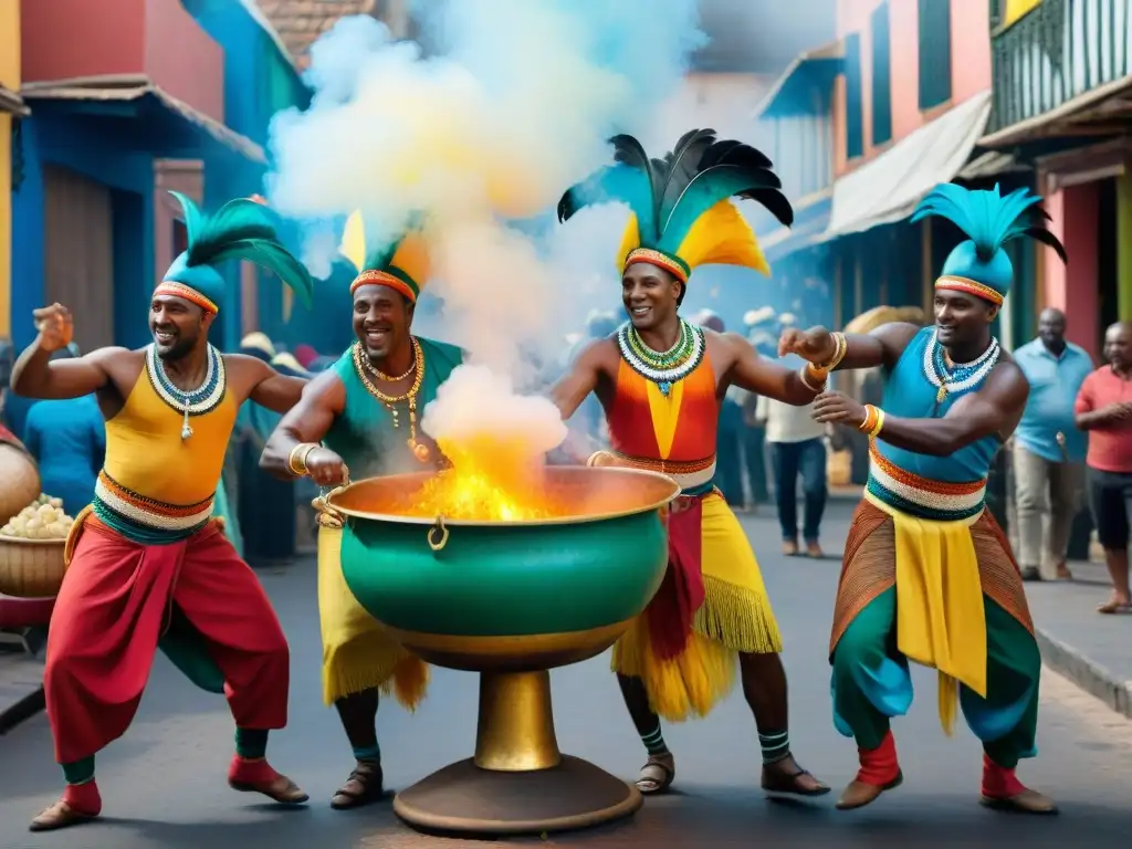 Baile y sabor: Fusión culinaria en el Carnaval Afro-Uruguayo Una colorida pintura acuarela que muestra la influencia africana en la cocina del Carnaval de Uruguay