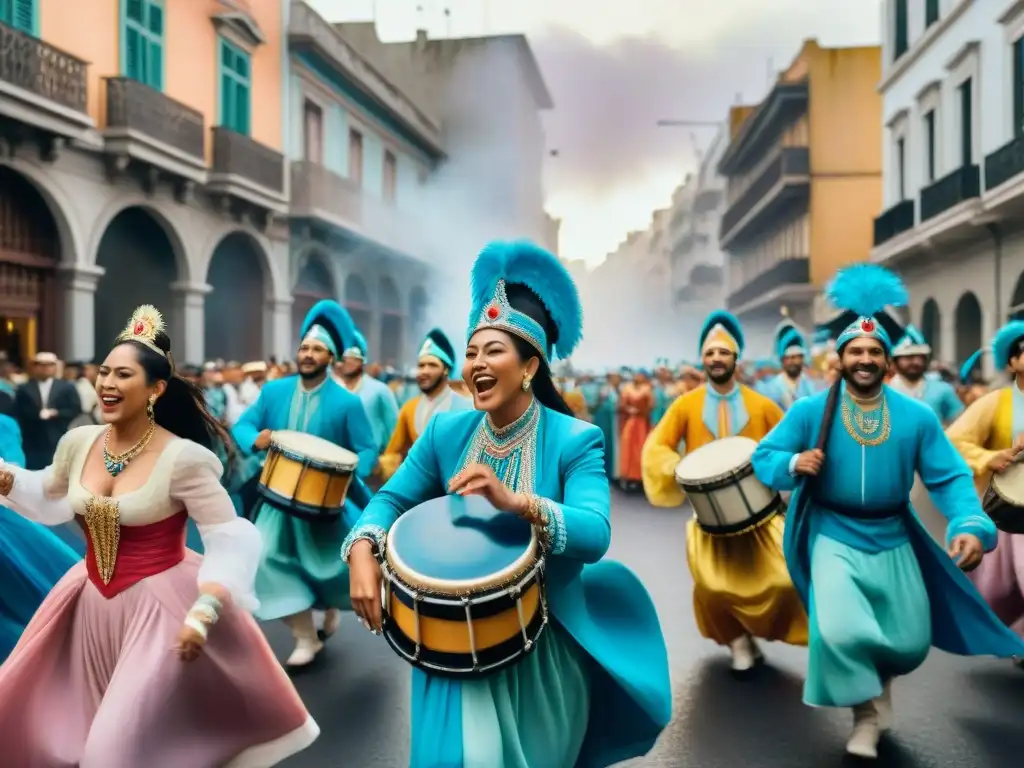 Colorida murga en Montevideo: pintura acuarela Colorida pintura acuarela de una murga en Montevideo, Uruguay, expresando impacto social emocional murgas Uruguay