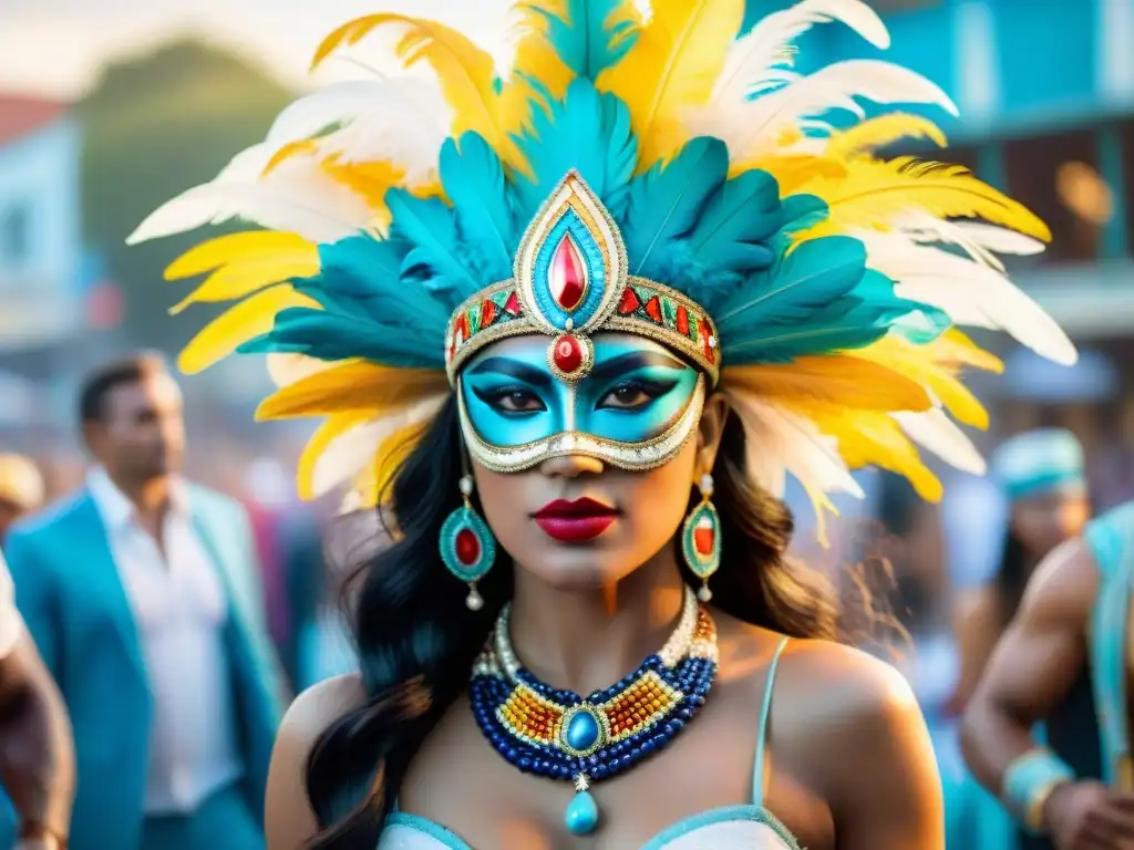Colorida pintura acuarela del Carnaval Uruguayo Una colorida pintura acuarela de productos icónicos del Carnaval Uruguayo como bandanas, joyas de cuentas, tocados de plumas y máscaras intrincadas