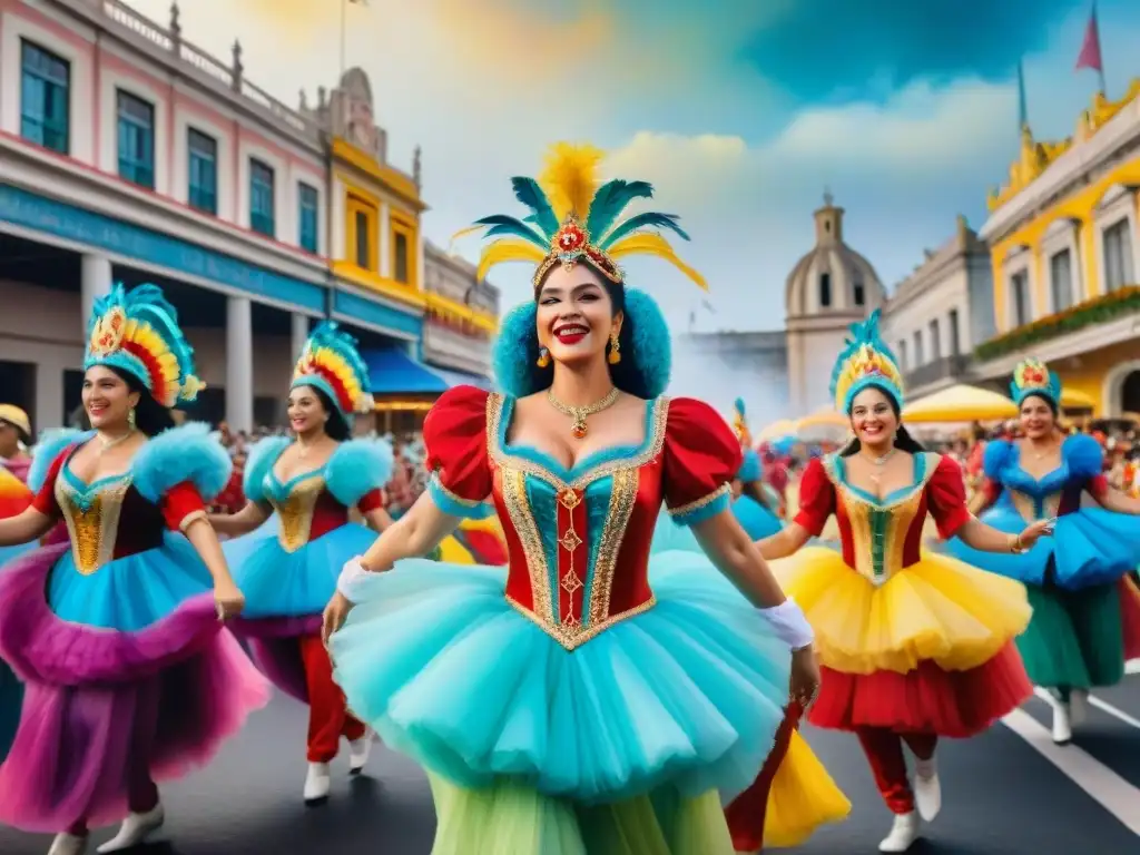 Pintura acuarela del vibrante Carnaval de Uruguay Una colorida pintura acuarela del vibrante Carnaval uruguayo, con bailarines y detalles elaborados