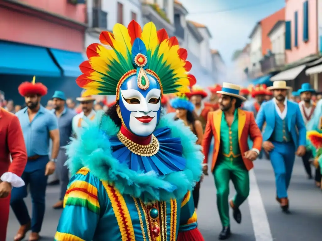 Pintura acuarela del Carnaval en Uruguay Una colorida pintura acuarela del vibrante Carnaval de Uruguay