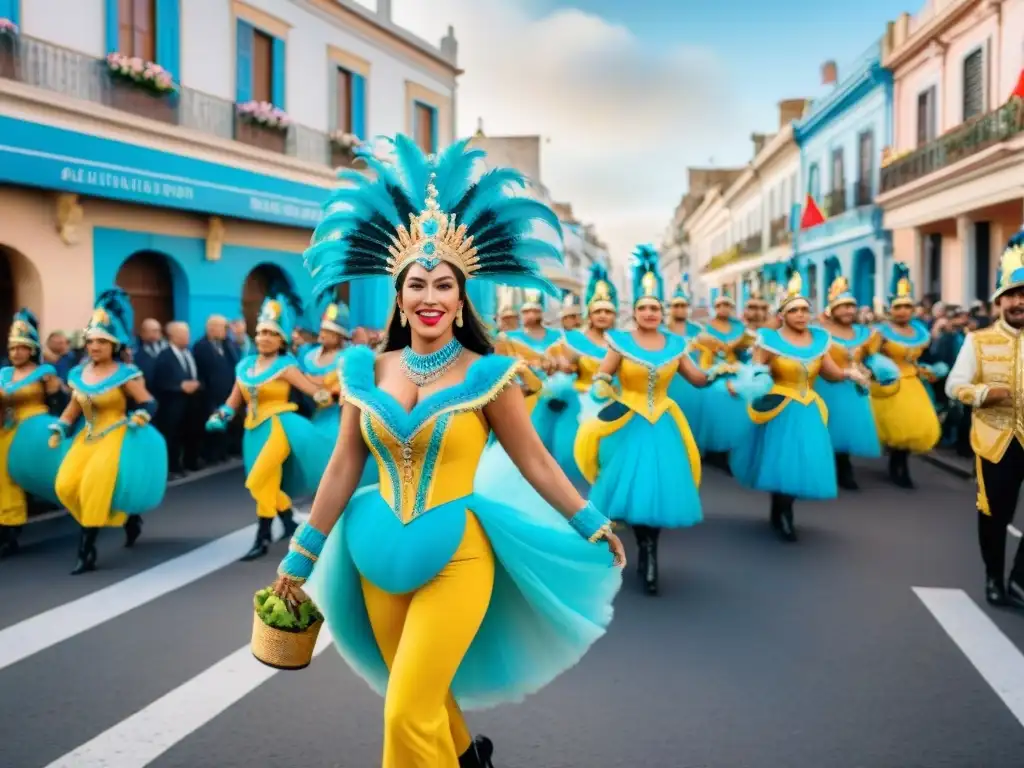 Deslumbrante Carnaval en Uruguay: arte acuarela vibrante Una colorida pintura acuarela del vibrante Carnaval en Uruguay con trajes elaborados, carros alegóricos y música tradicional