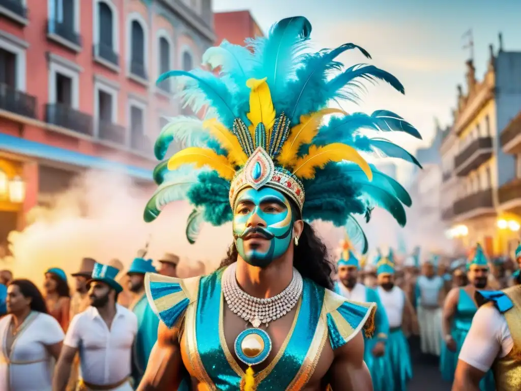 Carnaval Uruguayo: Desfile vibrante y colorido Colorida pintura acuarela del vibrante Carnaval Uruguayo con desfiles y arquitectura tradicional