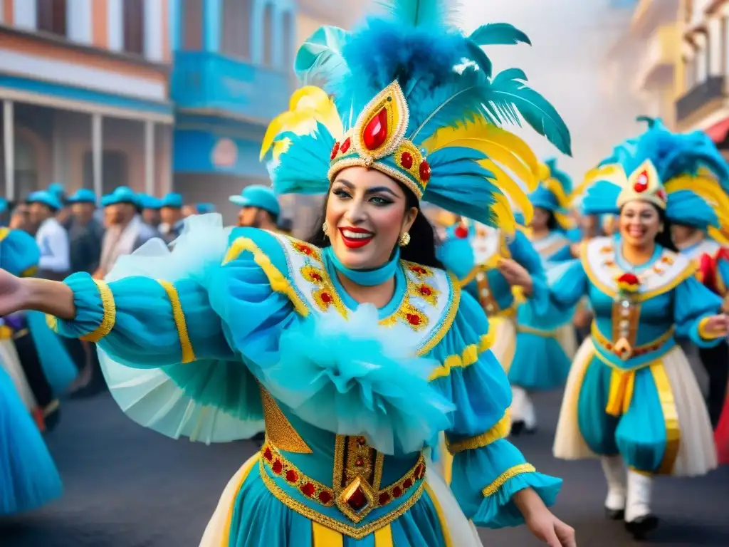 Deslumbrante desfile de carnaval en Uruguay Una colorida pintura acuarela del vibrante Carnaval Uruguayo, con desfiles, bailarines y espectadores disfrutando de la celebración