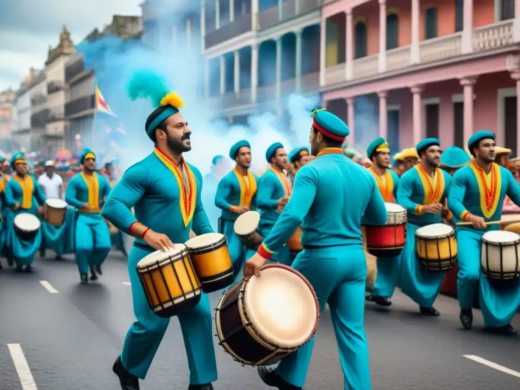 Vibrante Carnaval de Candombe en Uruguay Una colorida pintura acuarela de un vibrante desfile de Candombe en Uruguay, con músicos, bailarines y espectadores disfrutando del ambiente festivo