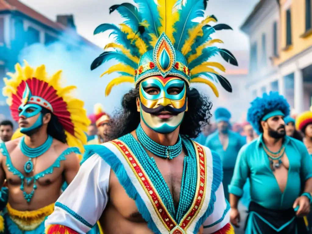 Vibrante desfile de Carnaval en Uruguay: acuarela detallada Una colorida pintura acuarela del vibrante desfile de Carnaval en Uruguay, con trajes y máscaras elaboradas, bailarines energéticos y una atmósfera festiva, detallando las texturas y patrones de los atuendos tradicionales en tonos vivos, capturando la esencia
