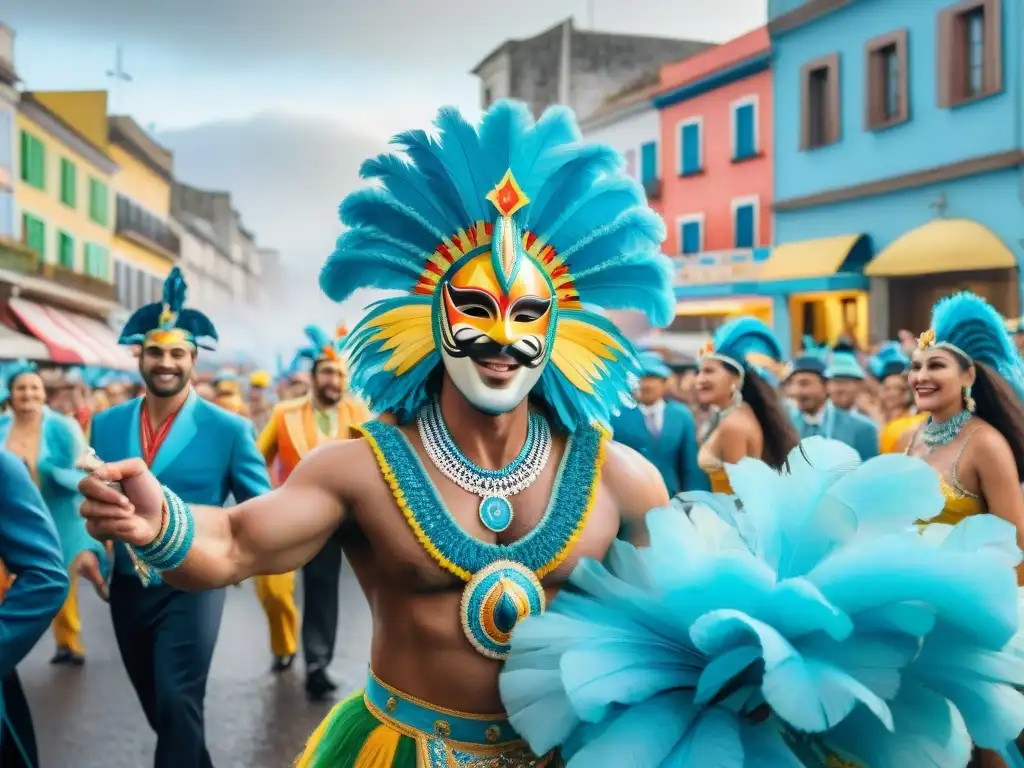 Vibrante Carnaval en Uruguay: Arte Acuarela Una colorida pintura acuarela del vibrante Carnaval de Uruguay, con desfiles y multitudes alegres