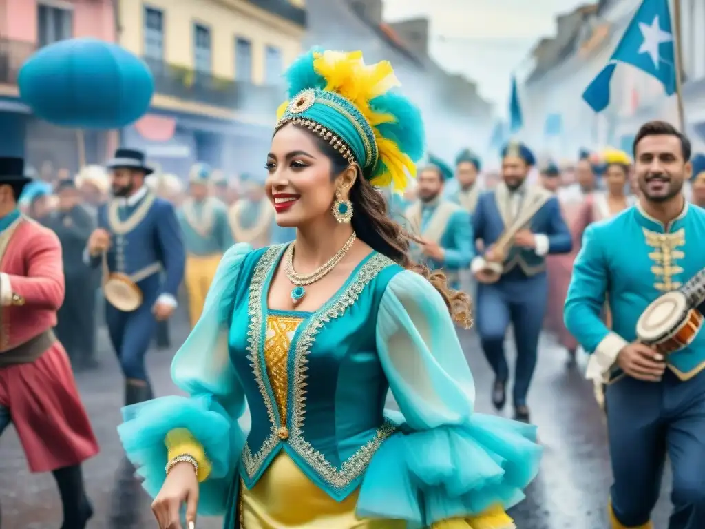 Deslumbrante Carnaval en Uruguay: baile, color y alegría Una colorida pintura acuarela del vibrante desfile de Carnaval en Uruguay, capturando la energía y riqueza cultural