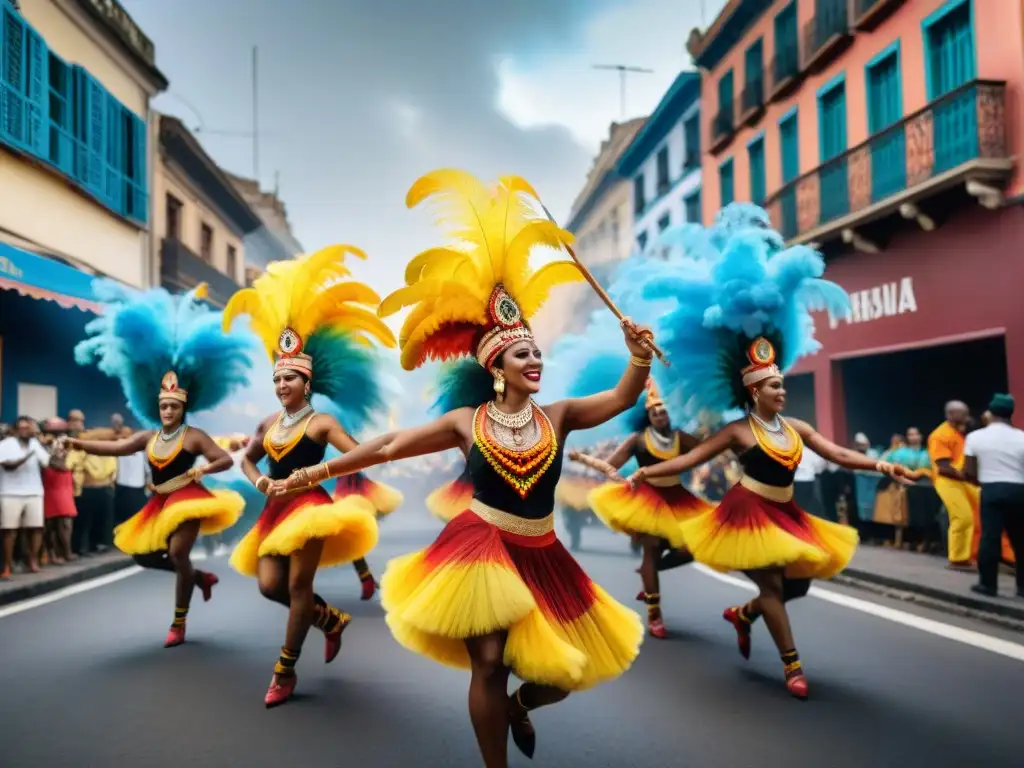 Una colorida pintura acuarela muestra vibrantes bailarines de Candombe en Uruguay, con vestuarios tradicionales