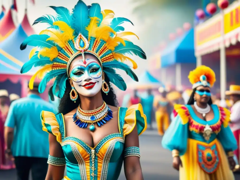 Coloridos trajes de carnaval: una celebración de cultura y tradición Una colorida pintura acuarela que muestra vibrantes trajes de carnaval con detalles intrincados