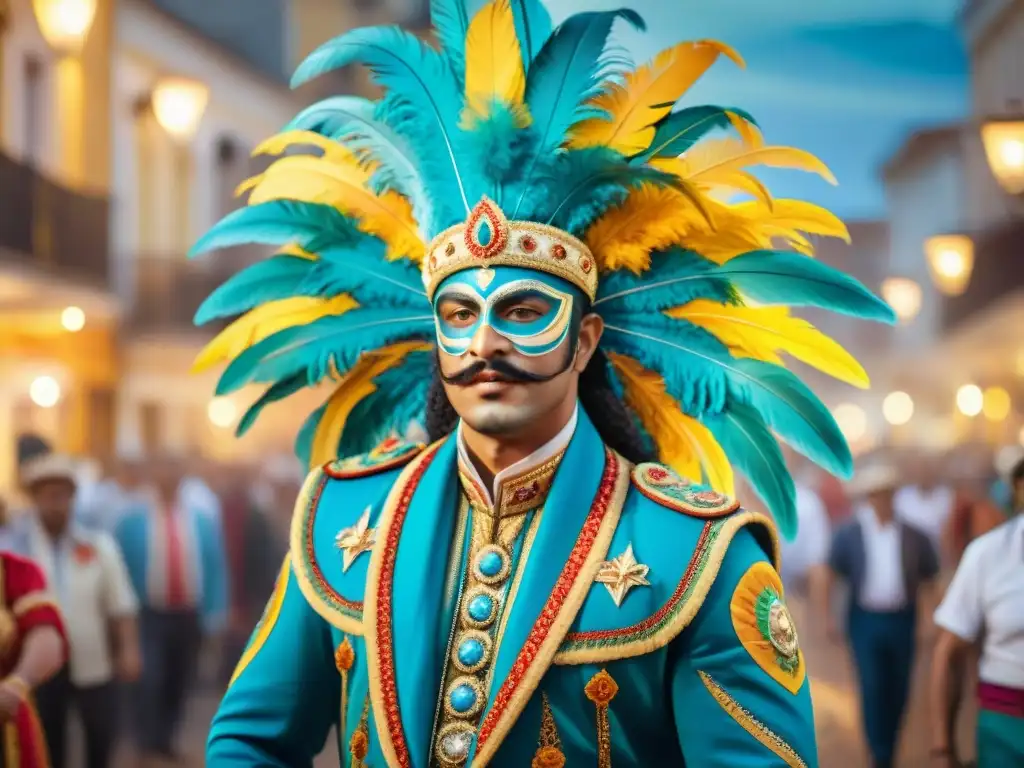 Detalles vibrantes: Trajes del Carnaval Uruguayo Una colorida pintura al agua detallada de trajes de Carnaval uruguayo, llenos de plumas, lentejuelas y bordados