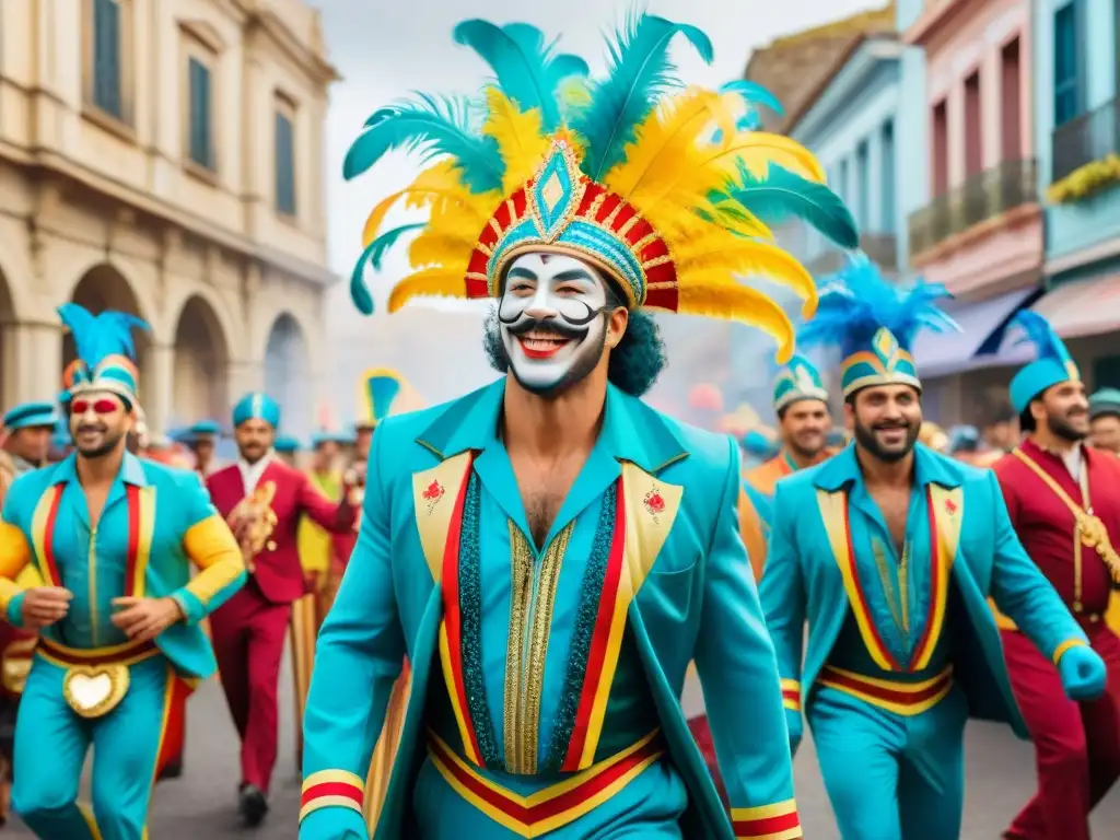 Pintura detallada de Carnaval en Uruguay Una colorida pintura de Carnaval en Uruguay con bailarines, músicos y espectadores, captando la energía y emoción del evento