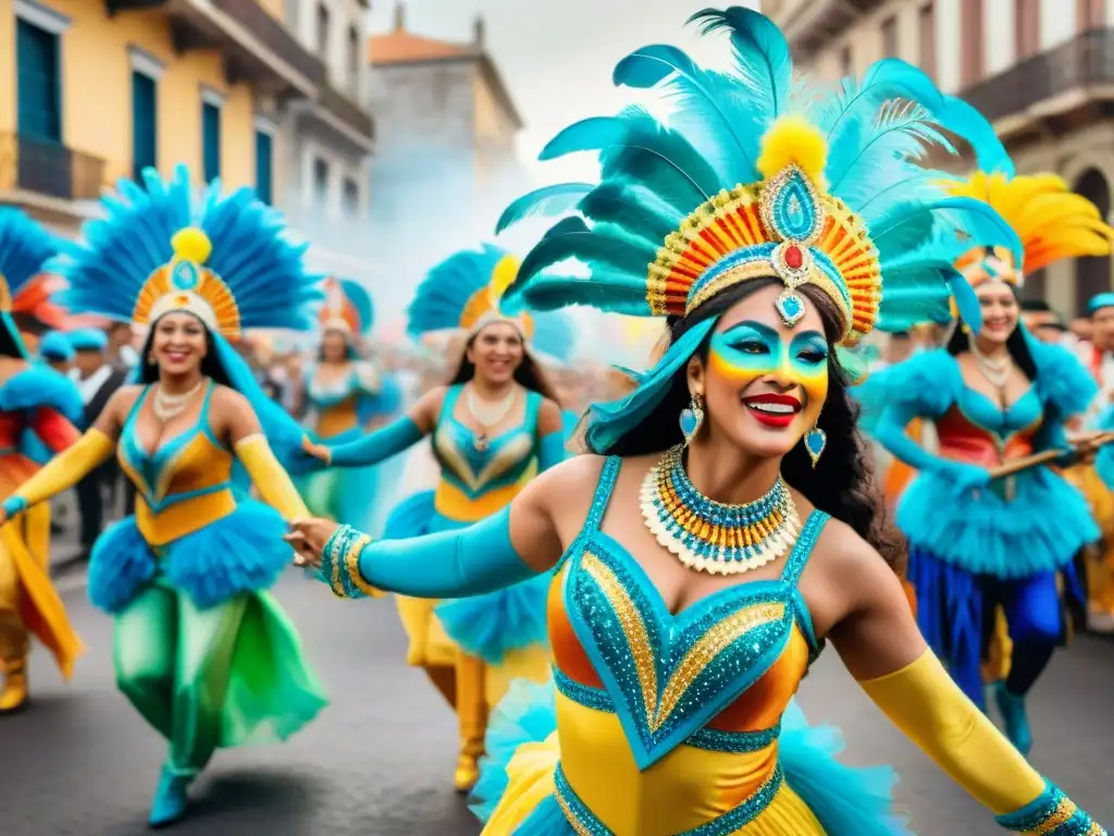 Deslumbrante Carnaval en Uruguay: Detalles vibrantes y alegría Una colorida pintura acuarela detallada del Carnaval en Uruguay, con bailarines adornados y edificios coloniales