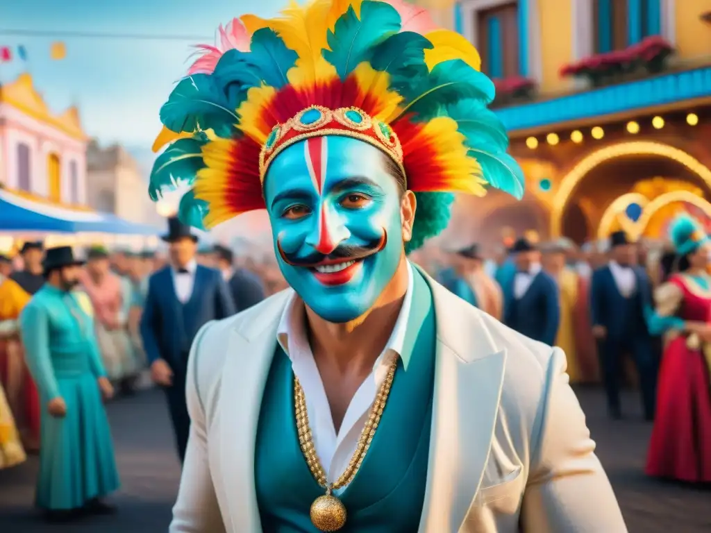 Carnaval uruguayo: pintura acuarela de murgas y arquitectura tradicional Una colorida pintura acuarela con influencia de Alfredo Zitarrosa, muestra alegre escena de murgas uruguayas en carnaval