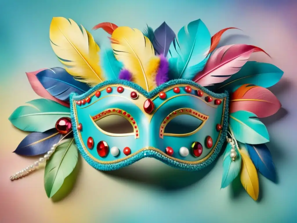 Colorida pintura acuarela de máscaras y sombreros del Carnaval Uruguayo auténticos