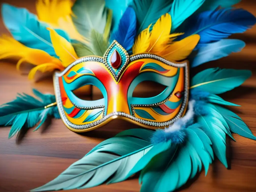 Máscaras de Carnaval uruguayo: colores vibrantes y detalles cautivadores Una colorida pintura acuarela de máscaras tradicionales del Carnaval Uruguayo con elementos icónicos