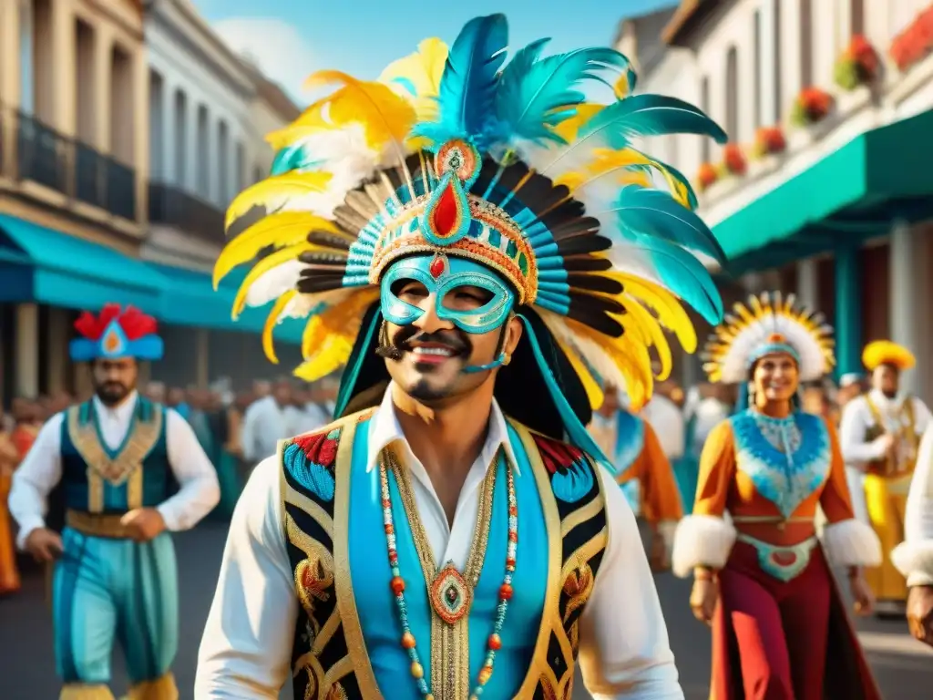 Deslumbrantes trajes de carnaval uruguayo: color y tradición Una colorida colección de trajes de carnaval uruguayo, con máscaras, tocados de plumas y instrumentos musicales tradicionales
