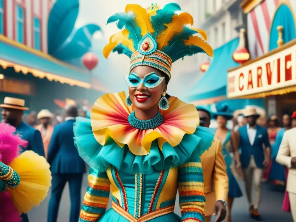 Evolución de disfraces de carnaval en acuarela vibrante Colorida evolución del vestuario parodistas carnaval: desde tradicionales a modernos diseños festivos