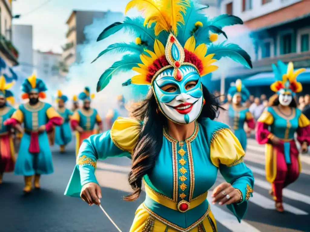 Deslumbrante Carnaval en Uruguay: baile, color y tradición Una colorida ilustración acuarela del vibrante Carnaval en Uruguay, capturando la estética visual del evento