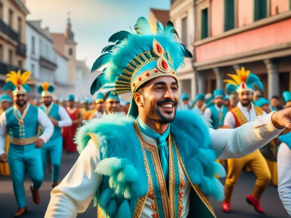 Desfile colorido en el Carnaval Uruguayo Colorida ilustración acuarela del vibrante Carnaval Uruguayo con artistas y música tradicional, influencias colaboraciones América