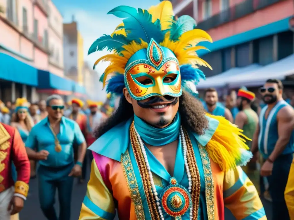 Deslumbrante Carnaval en Montevideo: acuarela vibrante Una colorida ilustración acuarela del vibrante desfile de Carnaval en Montevideo, Uruguay, con detalles intrincados y música animada