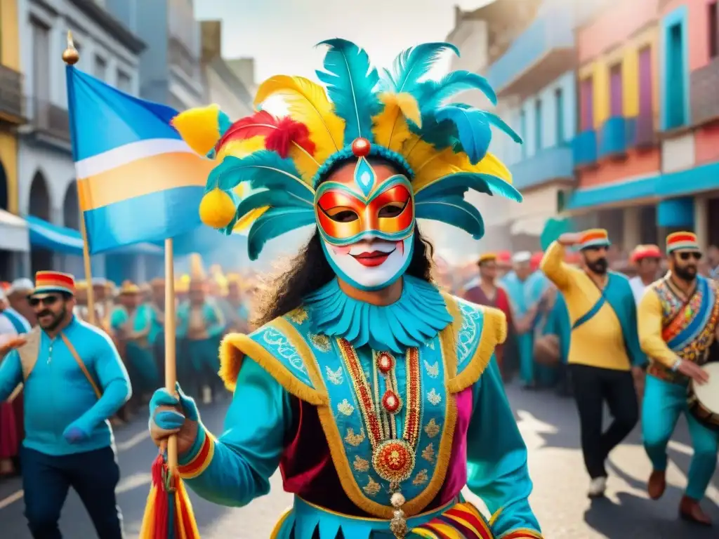 Deslumbrante Carnaval en Uruguay: fiesta de colores y ritmos Una colorida ilustración acuarela del vibrante desfile de Carnaval en Uruguay