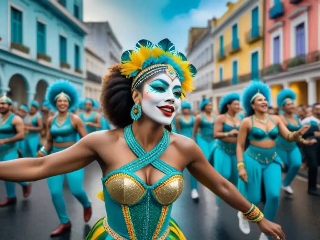 Desfile de Carnaval en Uruguay: Colorida celebración callejera Una colorida ilustración acuarela del vibrante desfile de Carnaval en Uruguay