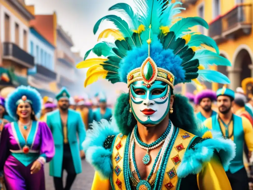 Deslumbrante desfile de Carnaval en Uruguay Una colorida ilustración acuarela del vibrante desfile del Carnaval Uruguayo con curiosidades en trajes famosos