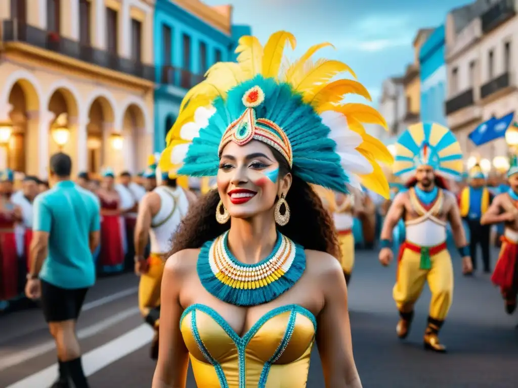 Desfile de Carnaval en Uruguay: Tradición y Tecnología Una colorida ilustración acuarela del vibrante desfile de Carnaval en Uruguay fusionando tradición y tecnología en el Carnaval Uruguayo