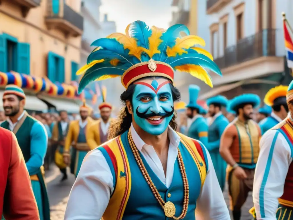 Desfile de Murgas: Colorida celebración en Montevideo Una colorida ilustración acuarela de la vibrante murga en Montevideo
