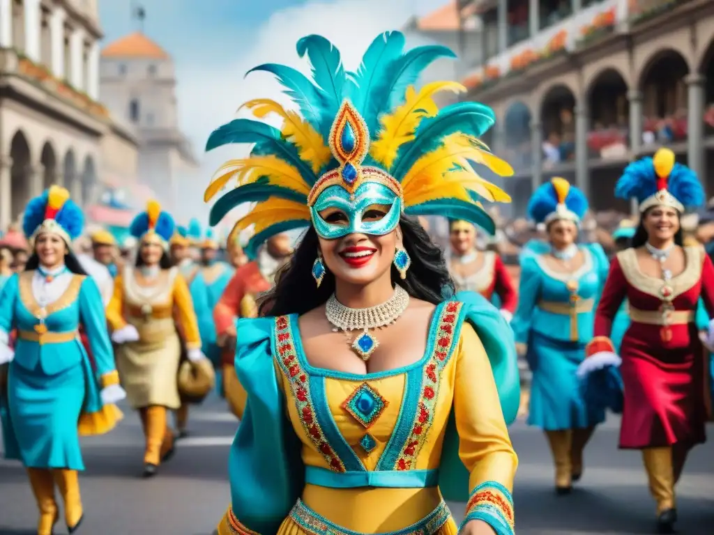 Vibrante pintura acuarela del Carnaval Uruguayo: tradición y color Una colorida y vibrante pintura acuarela del Carnaval Uruguayo, mostrando una paleta de colores exuberante en trajes, máscaras y bailarines