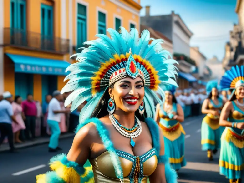 Carnaval de Uruguay: desfile vibrante y colorido Una colorida y vibrante pintura acuarela del Carnaval en Uruguay, mostrando la historia y tradiciones del Carnaval Uruguayo
