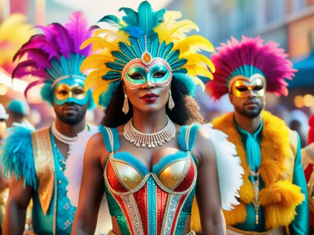Carnaval inclusivo: diversidad y empoderamiento en vibrante acuarela Una colorida representación de la visibilidad de minorías en Carnaval, con diversos personajes en trajes festivos