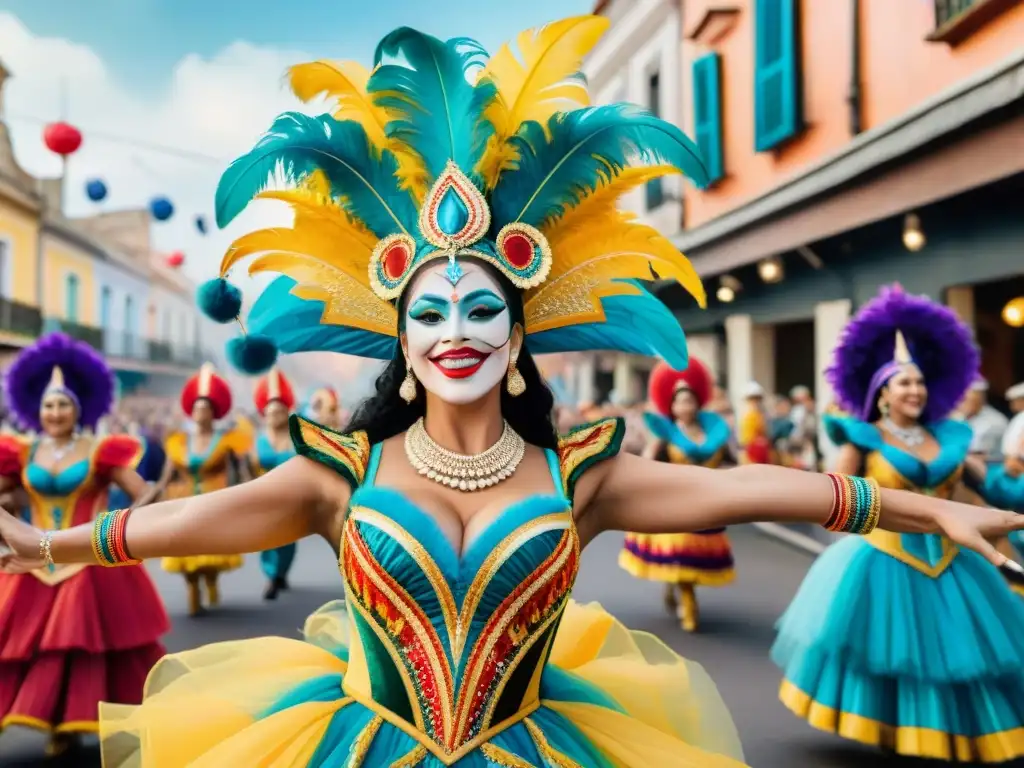 Carnaval de Uruguay: Celebración colorida y diversa Coloridas y elaboradas vestimentas de Carnaval Uruguayo celebran diversidad e inclusión en desfile con revistas y parodistas