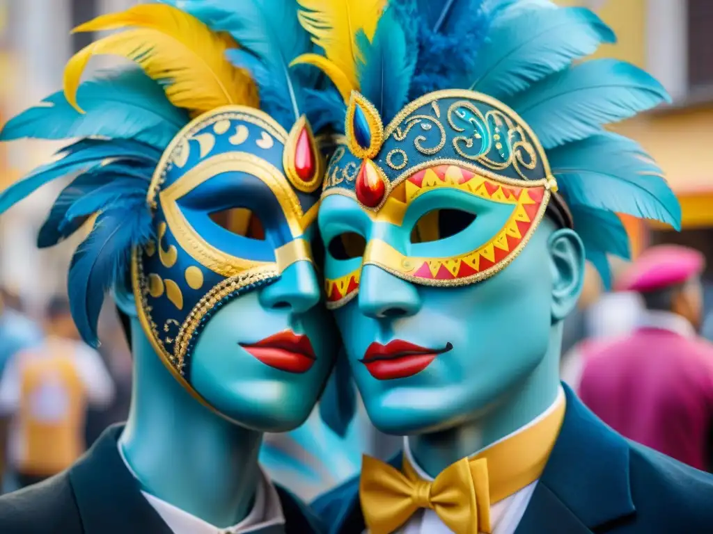Coloridas máscaras de carnaval uruguayo en arte callejero vibrante